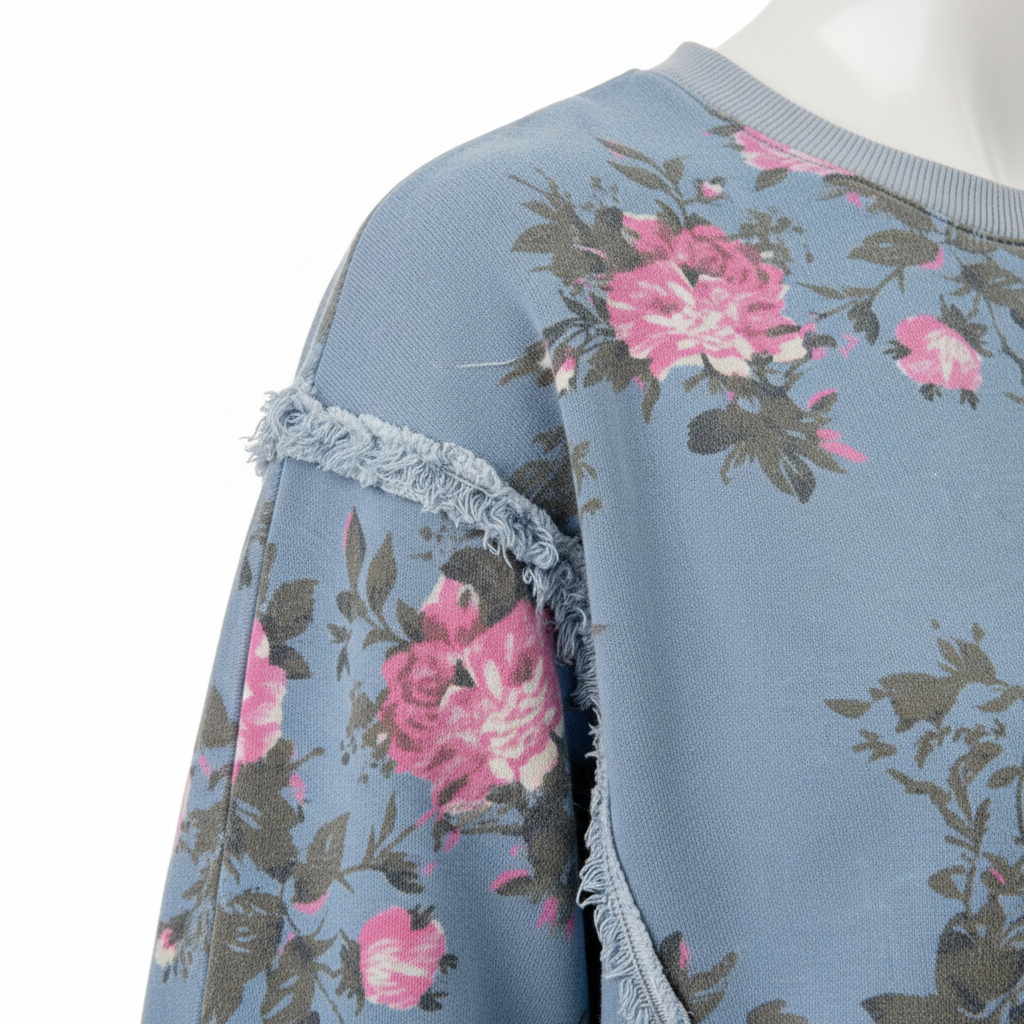 Women's dusty blue top close-up, exposed raw frayed seam trim detail, pink floral French terry fabric texture