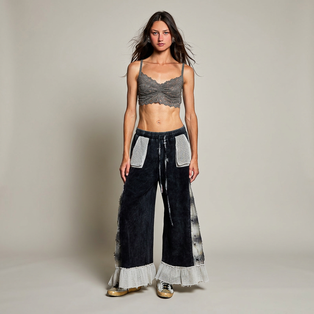 Front view of a woman in black plaid-panel ruffle pants and a gray lace top on a warm-gray studio backdrop.