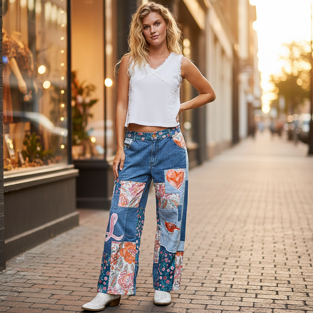POL Clothing POL Patchwork Wide-Leg Denim Pants - Denim Multi close-up of 100% cotton denim wash and heart patch