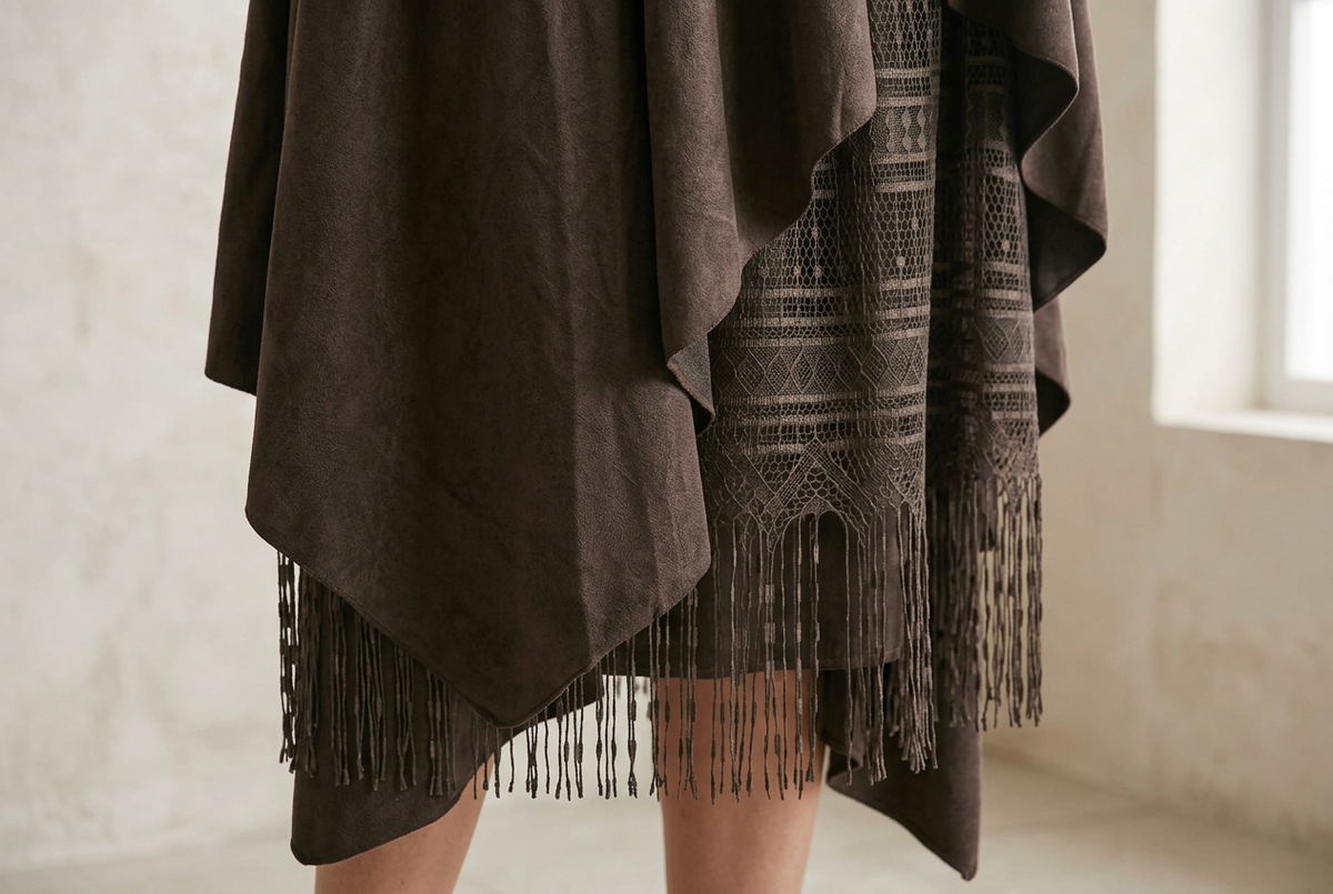 Close detail of pointed brown fabric hems layered over openwork lace with long fine fringe.