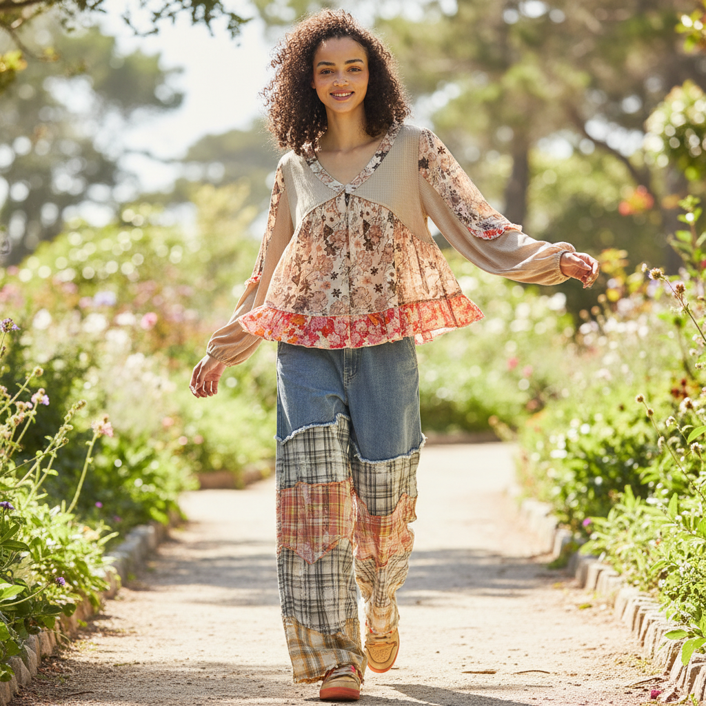 Women's taupe boho patchwork blouse in motion, floral chiffon mixed fabric, balloon sleeves, tiered ruffle fit