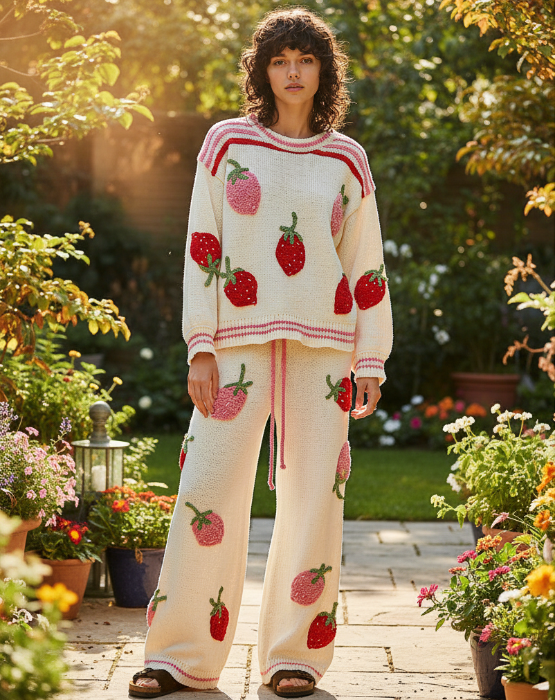 POL Clothing cream strawberry applique knit sweater on model, garden patio setting, full outfit view
