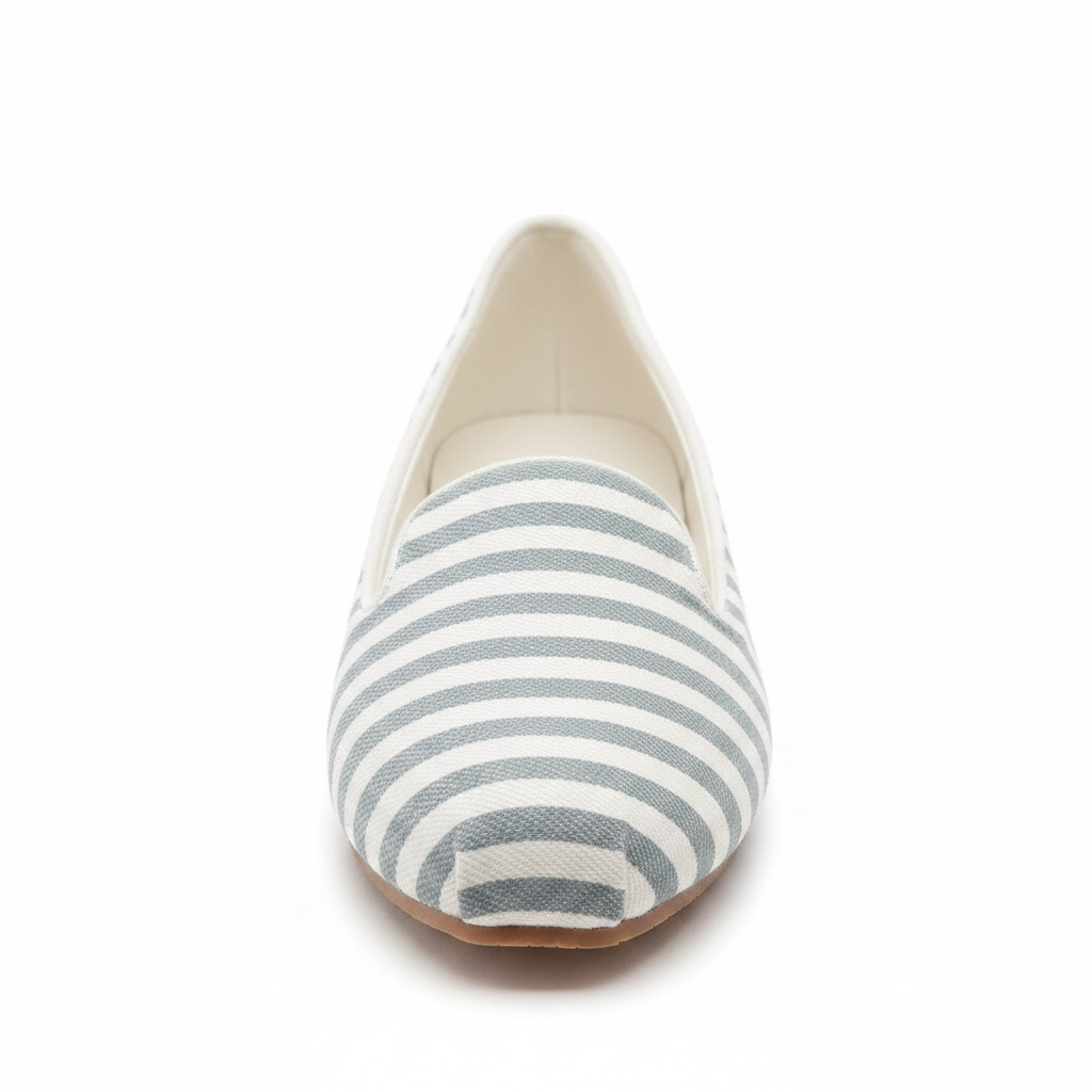 Grey and white stripe slip-on flat, front view on white background