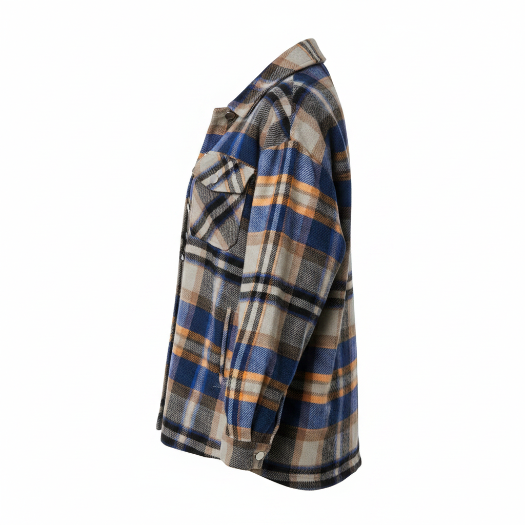 Women's blue plaid flannel shacket, side profile, oversized boxy silhouette, cuffed long sleeves