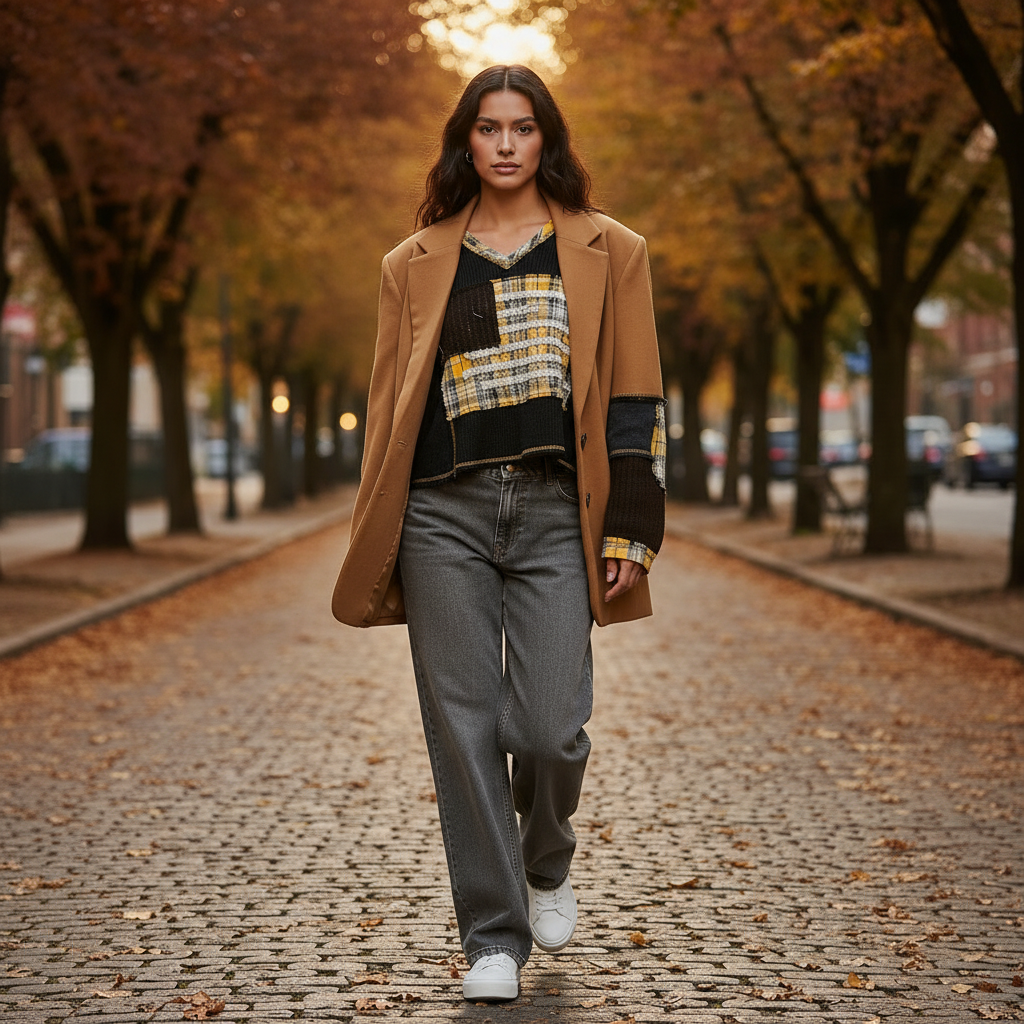 Women's black plaid thermal knit oversized V-neck top layered under camel blazer for a fall street outfit