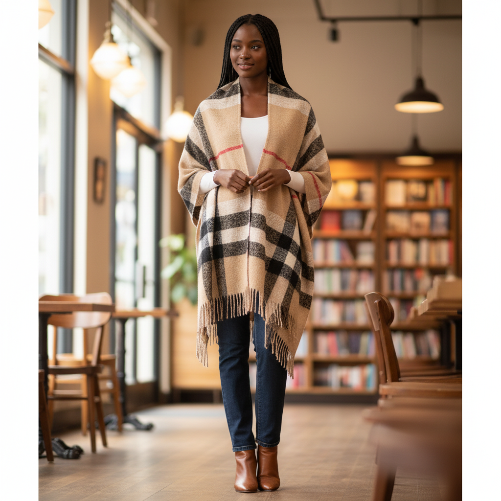 Women's plaid fringe wrap shawl in neutral tan and black, draped over jeans and fitted top