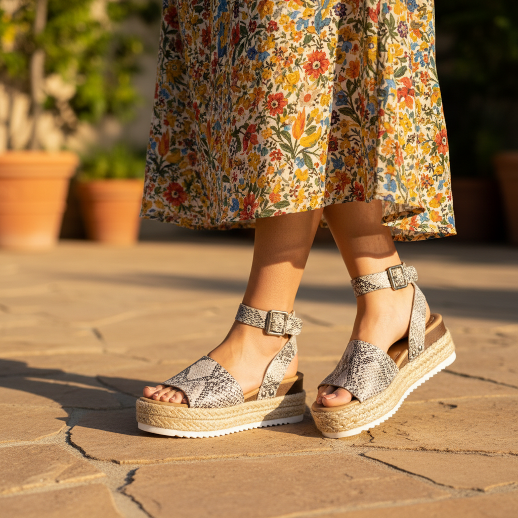 Women's natural python print espadrille platform sandals with ankle strap buckle styled with floral midi dress on terrace