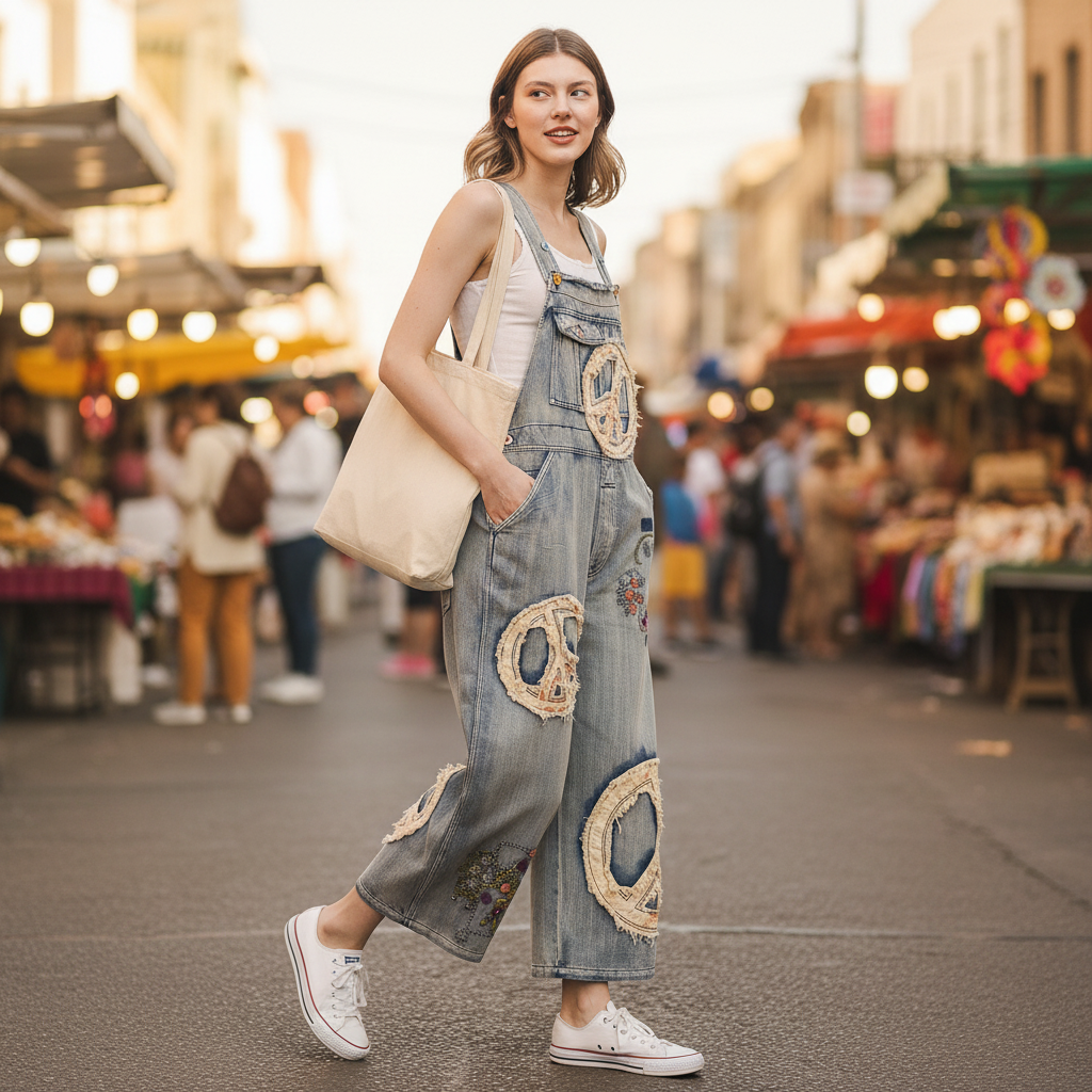 Bluevelvet women's wide-leg denim overalls, vintage blue wash, raffia peace sign patches, cropped length in motion
