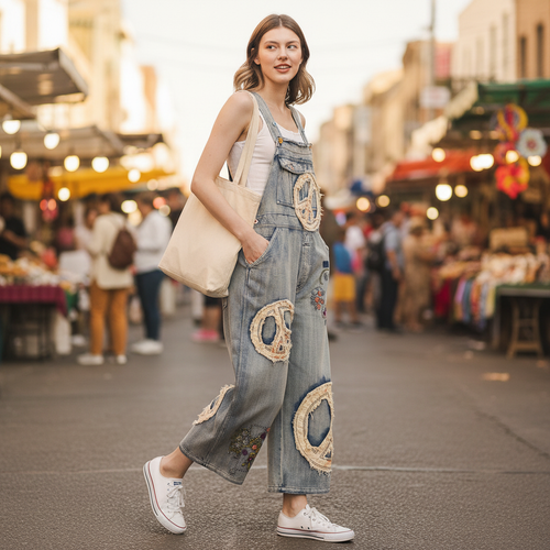 Bluevelvet women's wide-leg denim overalls, vintage blue wash, raffia peace sign patches, cropped length in motion
