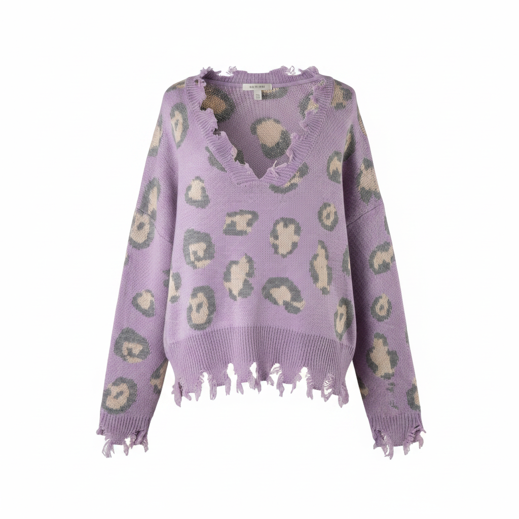 Women's lavender leopard knit sweater front, ghost mannequin, frayed V-neckline, oversized fit
