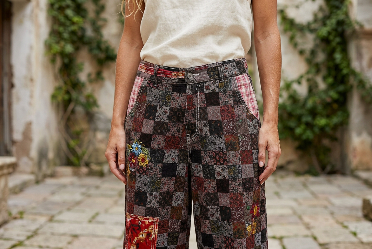 POL Clothing women's burgundy paisley pants, close-up of plaid pockets, floral embroidery and contrast stitching