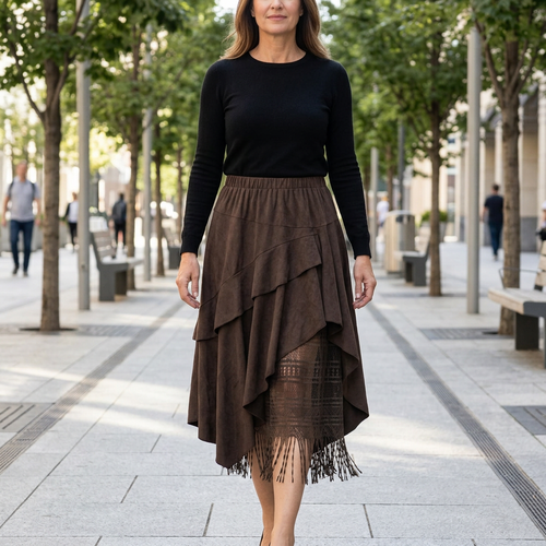 Woman walking along a tree-lined street in a brown asymmetric lace midi skirt and black top.
