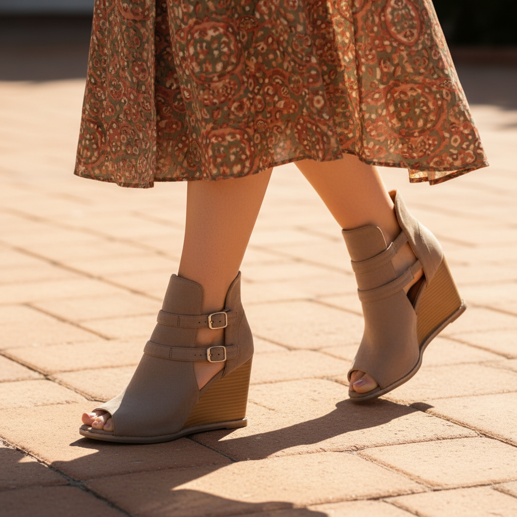 Woman walking in taupe Qupid Finley wedge booties on pavers, midi skirt, knees-down motion shot
