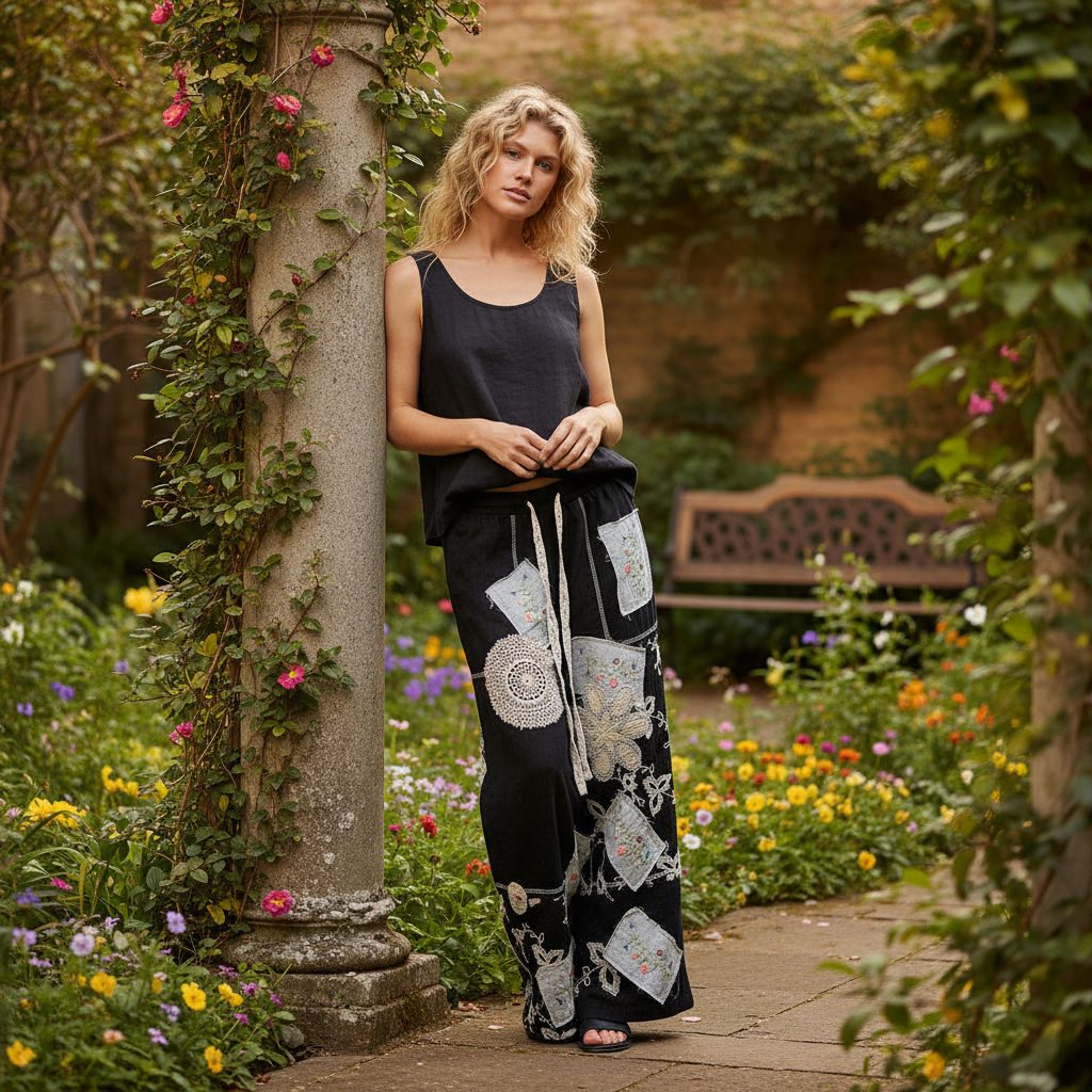 Women's black lace embroidery wide-leg patchwork pants relaxed outdoor lifestyle boho fashion