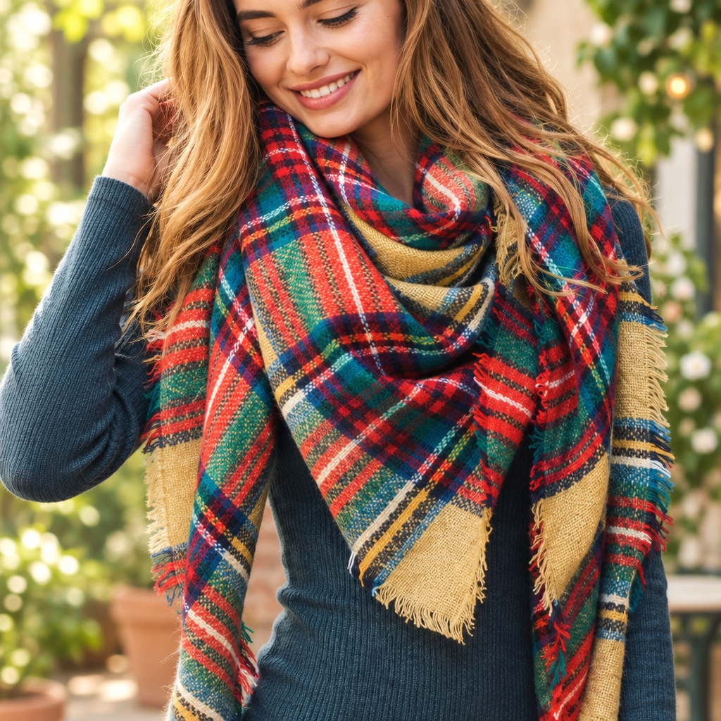 Leto Collection women's plaid blanket scarf close-up with fringed edge on a garden patio