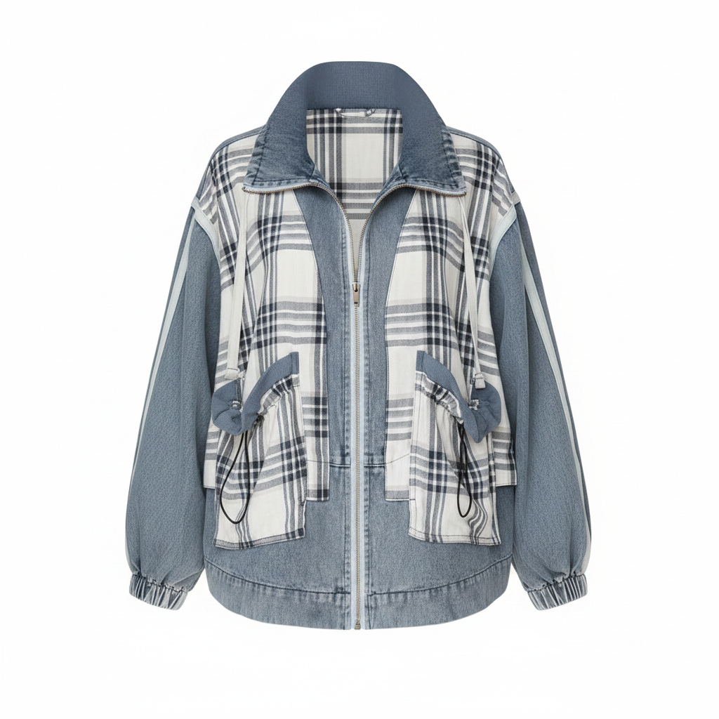 Women's slate blue plaid mixed media zip jacket front view, balloon sleeves, drawstring pockets, washed denim oversized fit - BellanBlue