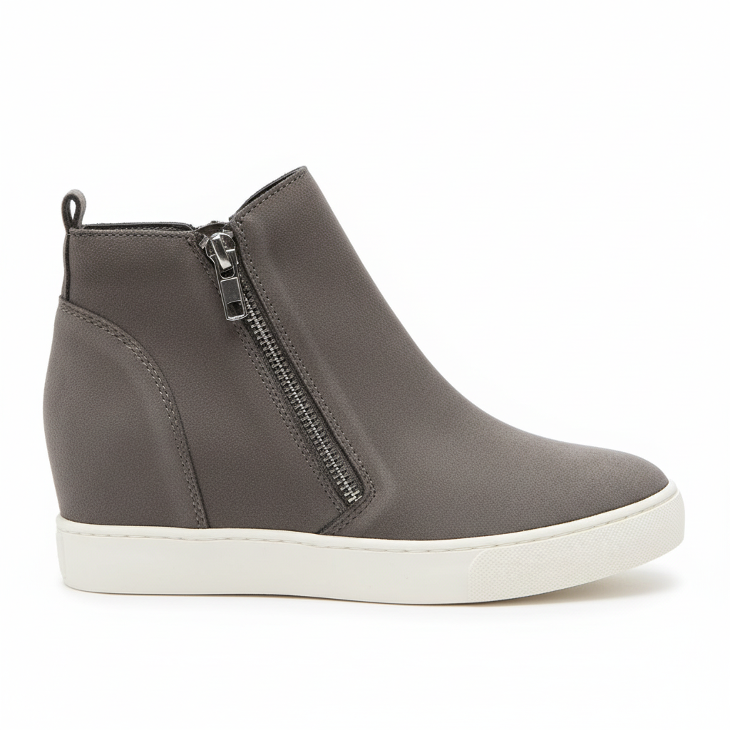 Gray suede wedge sneaker bootie side profile showing zipper