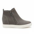 Gray suede wedge sneaker bootie side profile showing zipper