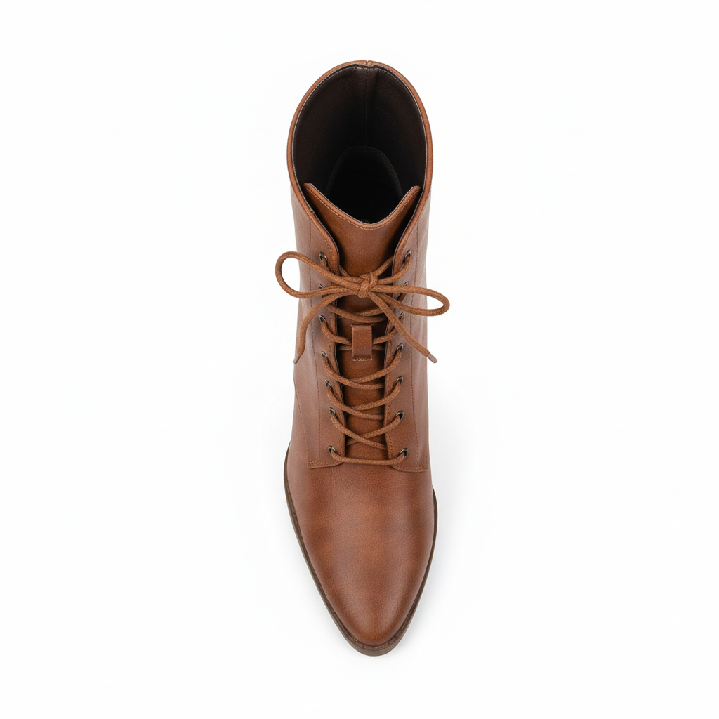 Rust brown ankle boot top view showing lace-up detail and boot opening