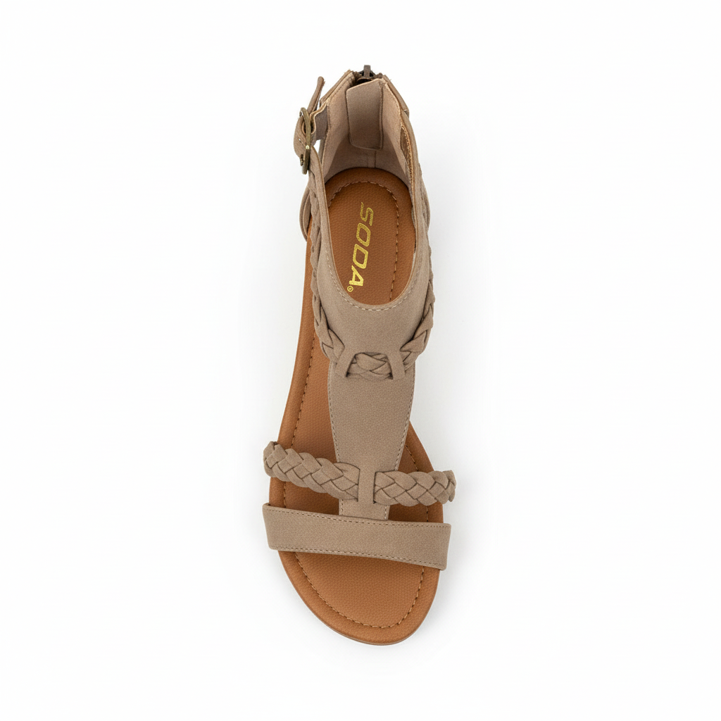 Taupe braided gladiator sandal top view displaying footbed and braided strap pattern