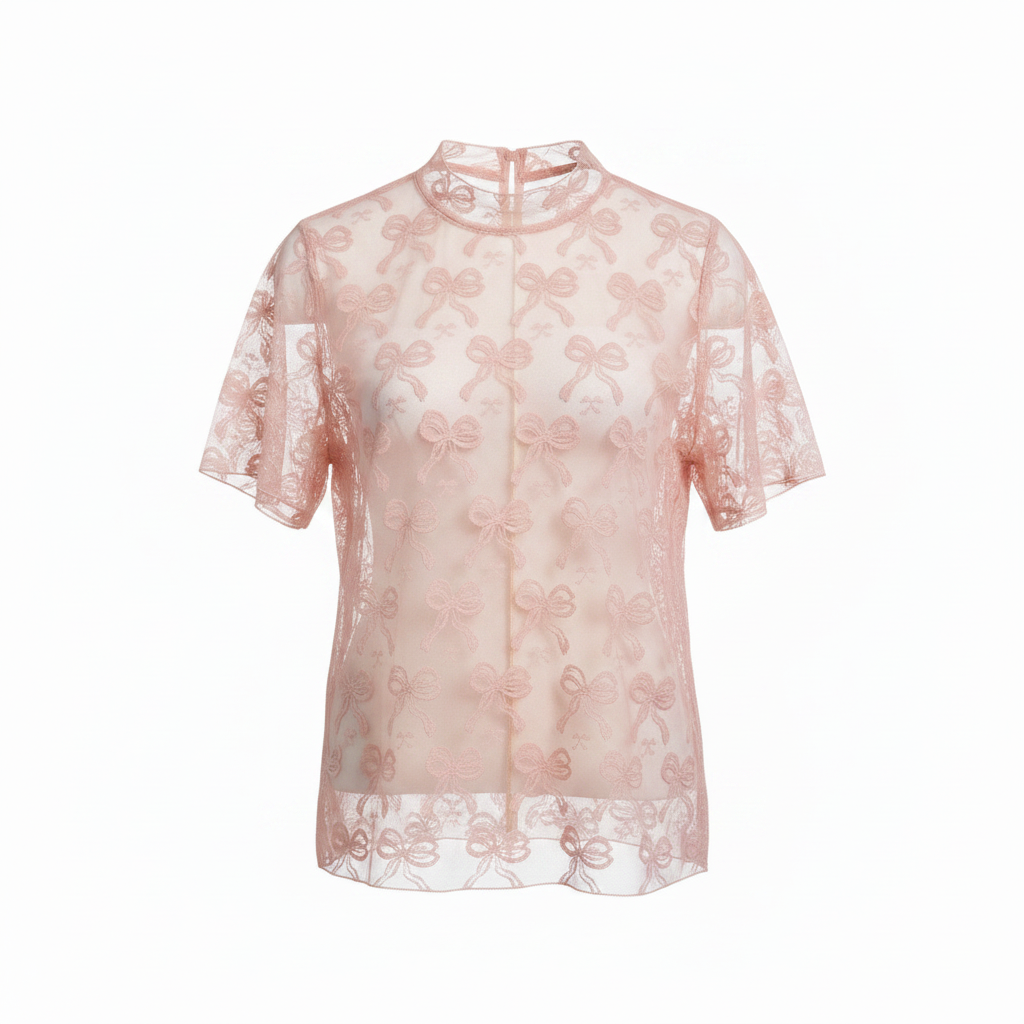 Women's dusty rose bow pattern mesh top, front view, sheer lace fabric, high mock neck, short sleeve