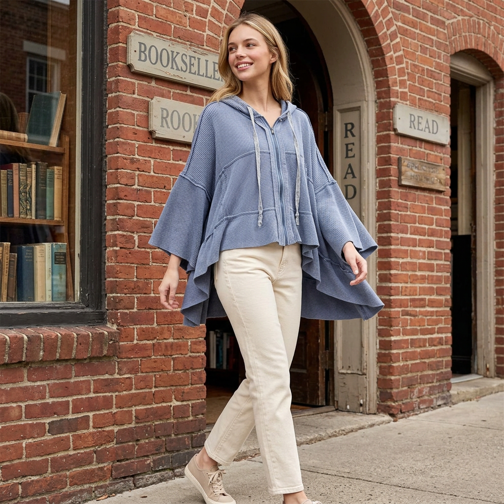 Light blue tiered zip hoodie styled with cream jeans while walking past a brick bookstore