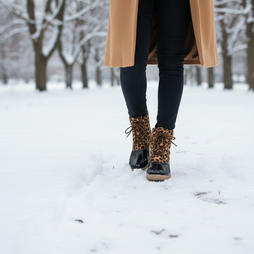 Women's leopard duck boot with black glossy rubber lower styled with camel coat walking on snowy winter path