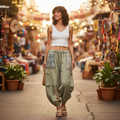 Women's olive multi patchwork straight-leg drawstring pants, relaxed fit, styled for a casual boho street outfit - BellanBlue