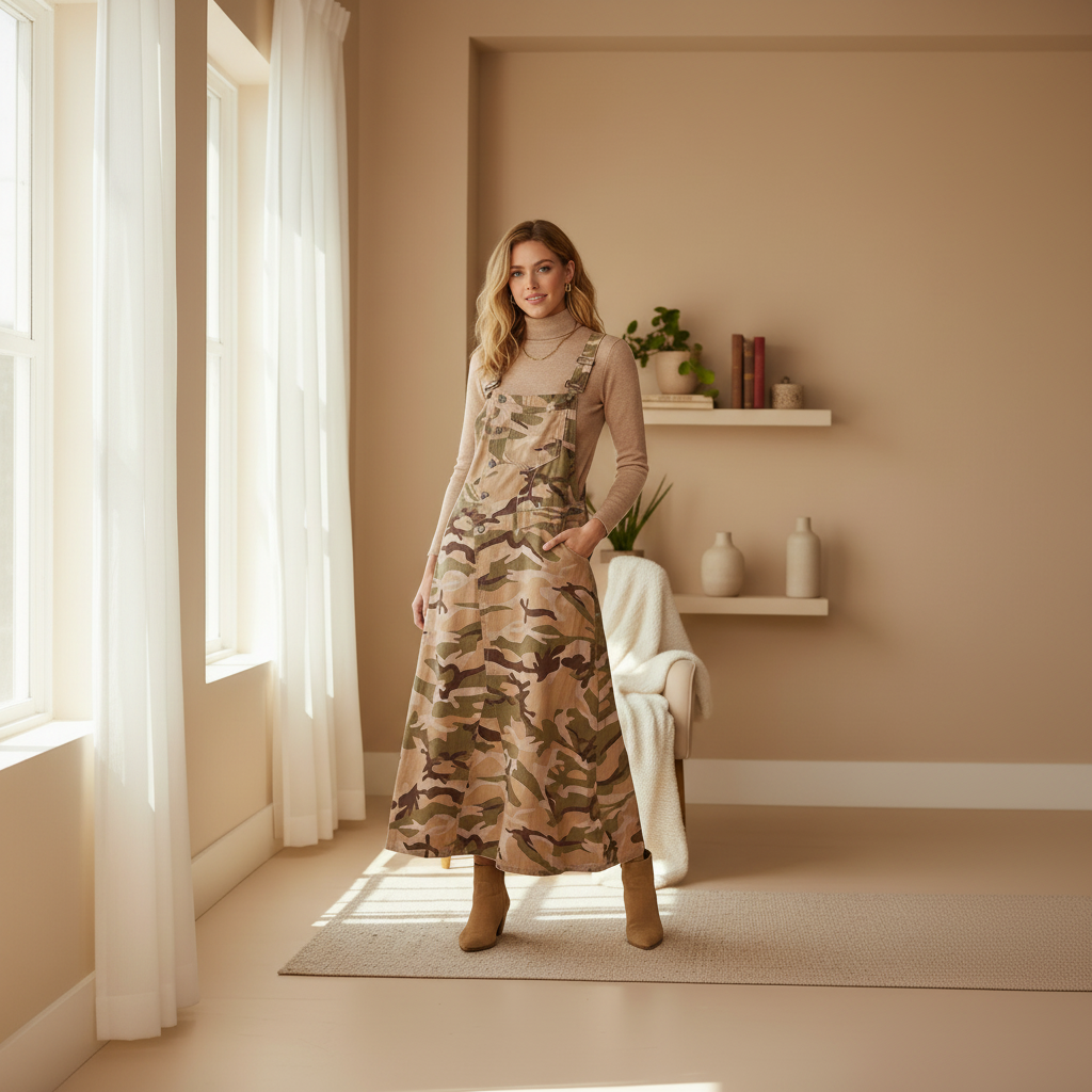 Camo Overall Maxi Dress layered with beige turtleneck and ankle boots - cozy lifestyle styling