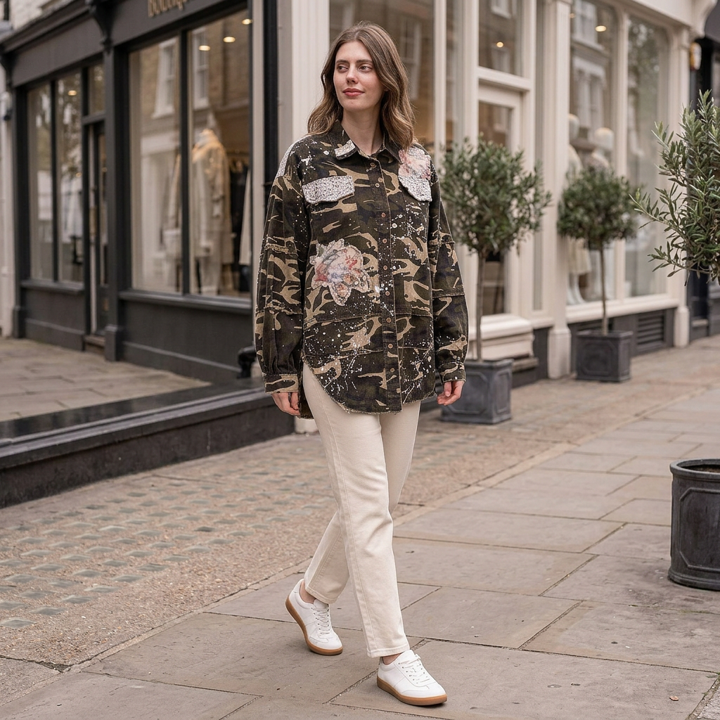 Blue Velvet women's camo patchwork jacket with cream trousers, walking along a boutique sidewalk