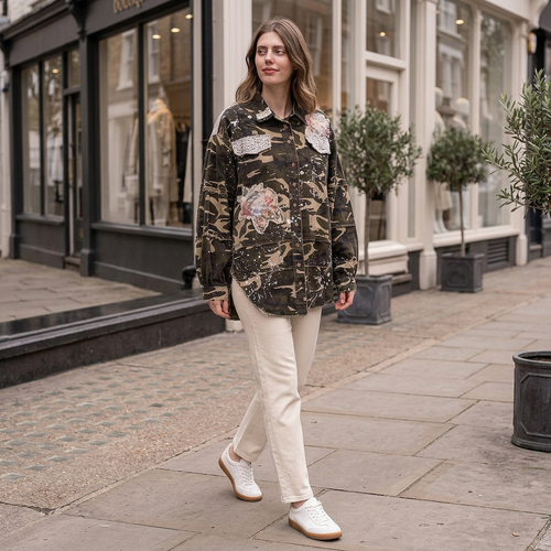 Blue Velvet women's camo patchwork jacket with cream trousers, walking along a boutique sidewalk
