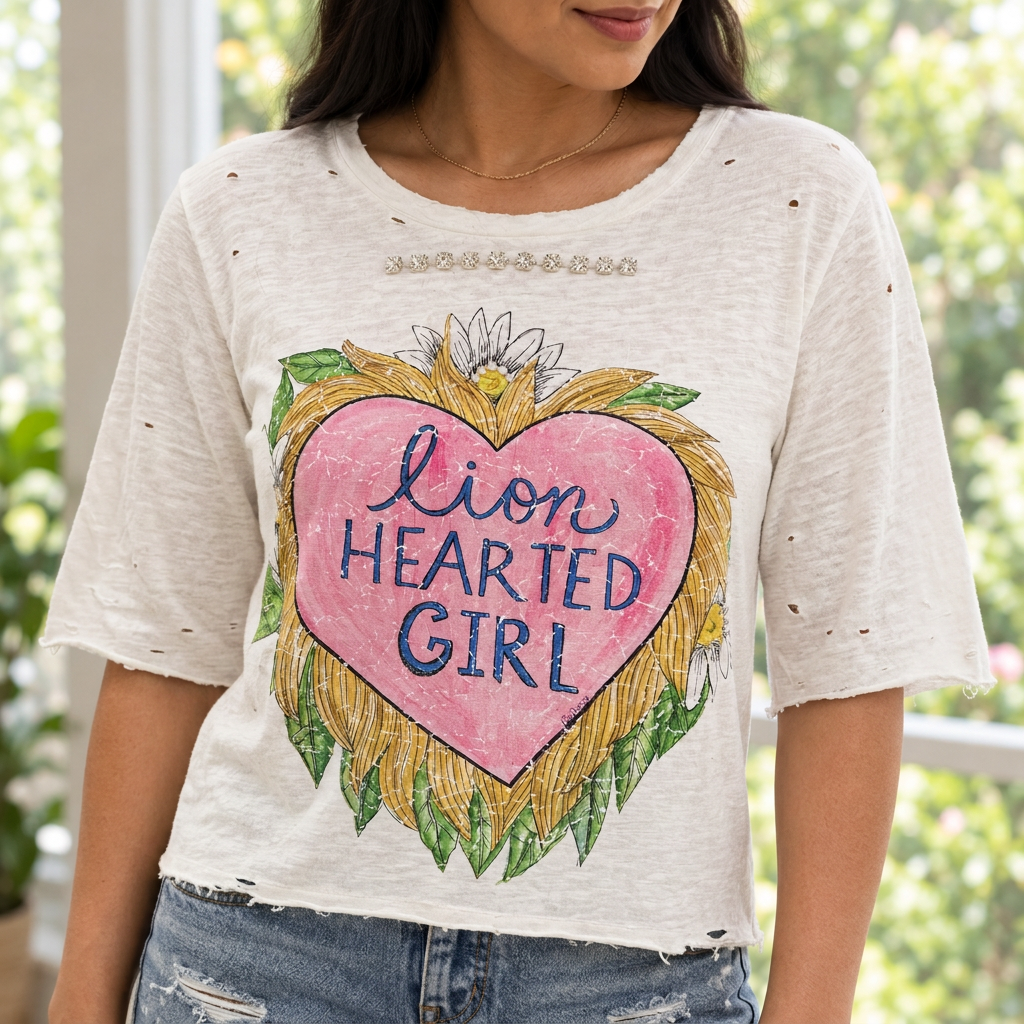 A Rare Bird Shop ivory Lion Hearted Girl tee with half sleeves past the elbow, showing the pink heart graphic by a window