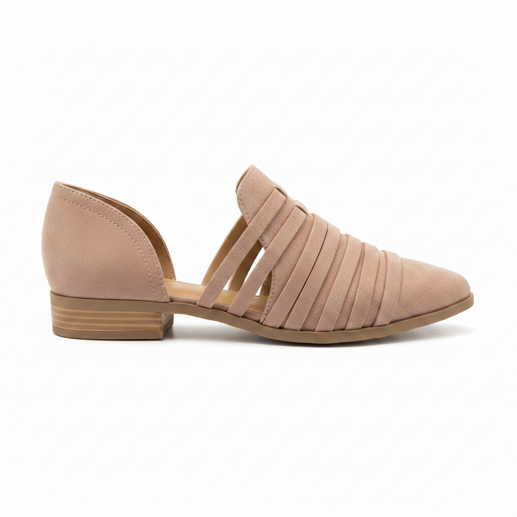 Qupid stone cage strap d'Orsay flat, outer side profile, pointed toe right, open d'Orsay silhouette on white background
