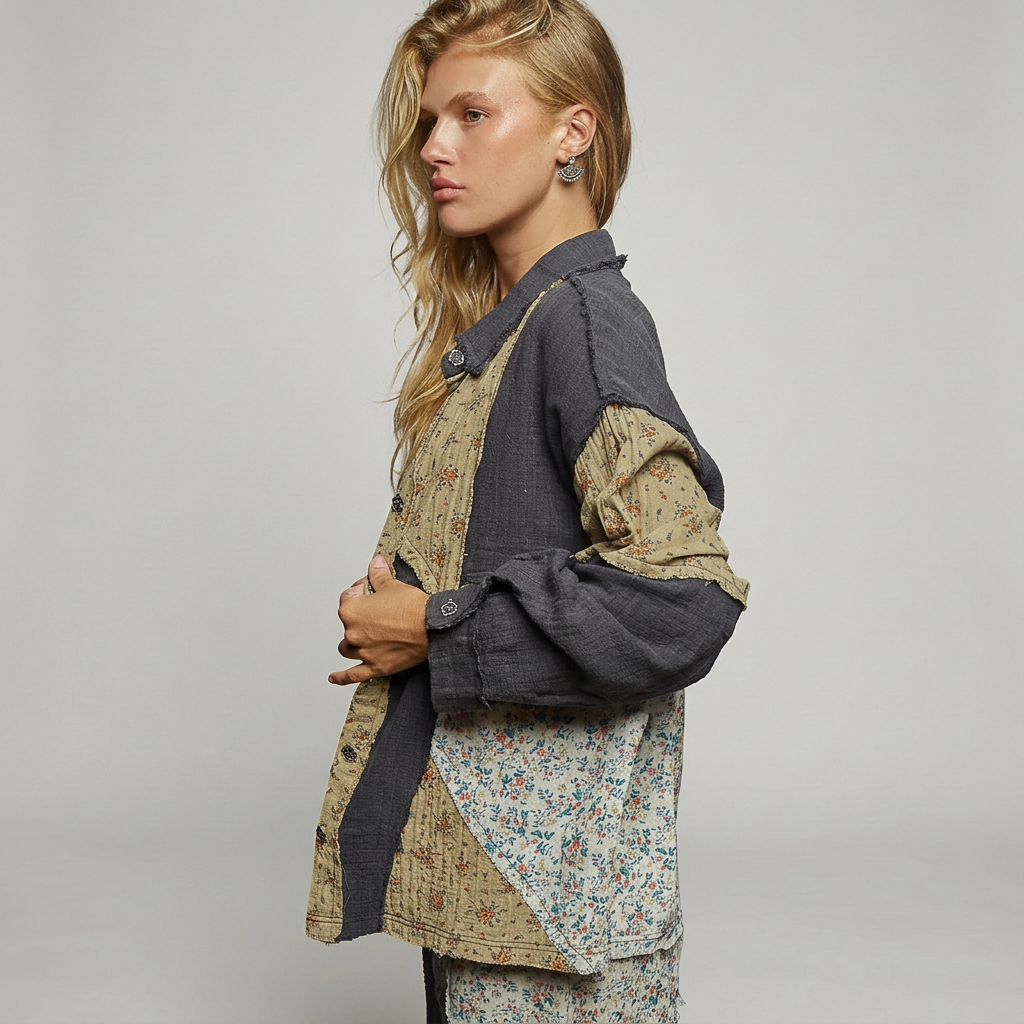 Side view of a woman wearing a charcoal gauze shirt with cream floral patchwork against a seamless gray background.