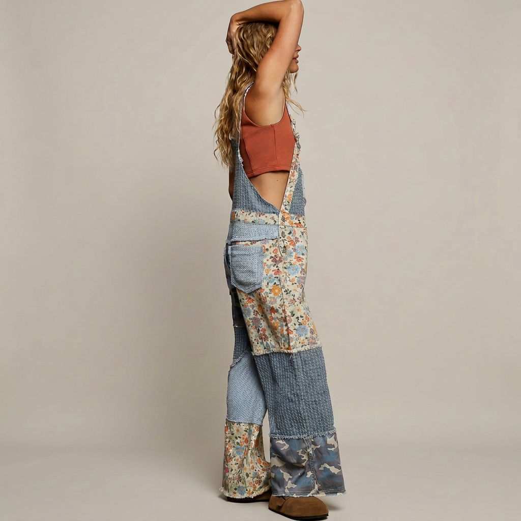 Side view of floral and camo patchwork overalls with a back pocket and wide legs against a seamless gray backdrop.