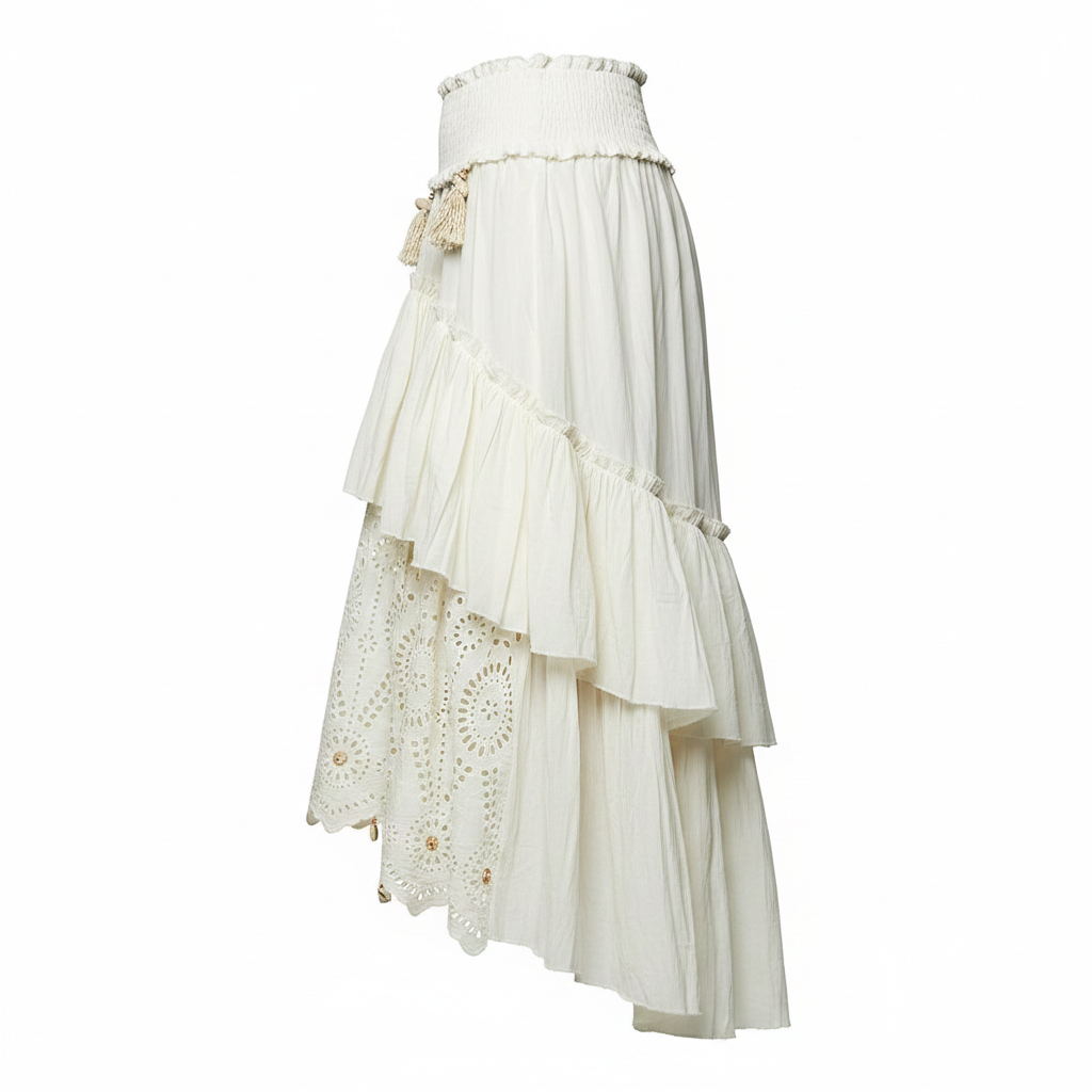 Women's POL Clothing off-white hi-lo tiered maxi skirt side profile asymmetric hem