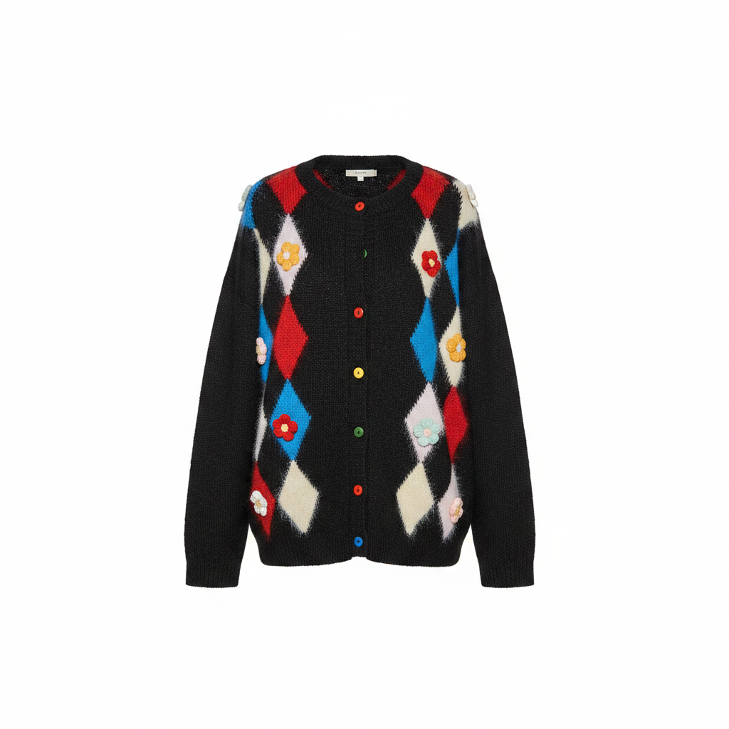 Women's black fuzzy knit cardigan with colorful argyle pattern and 3D floral appliqué, oversized fit - BellanBlue