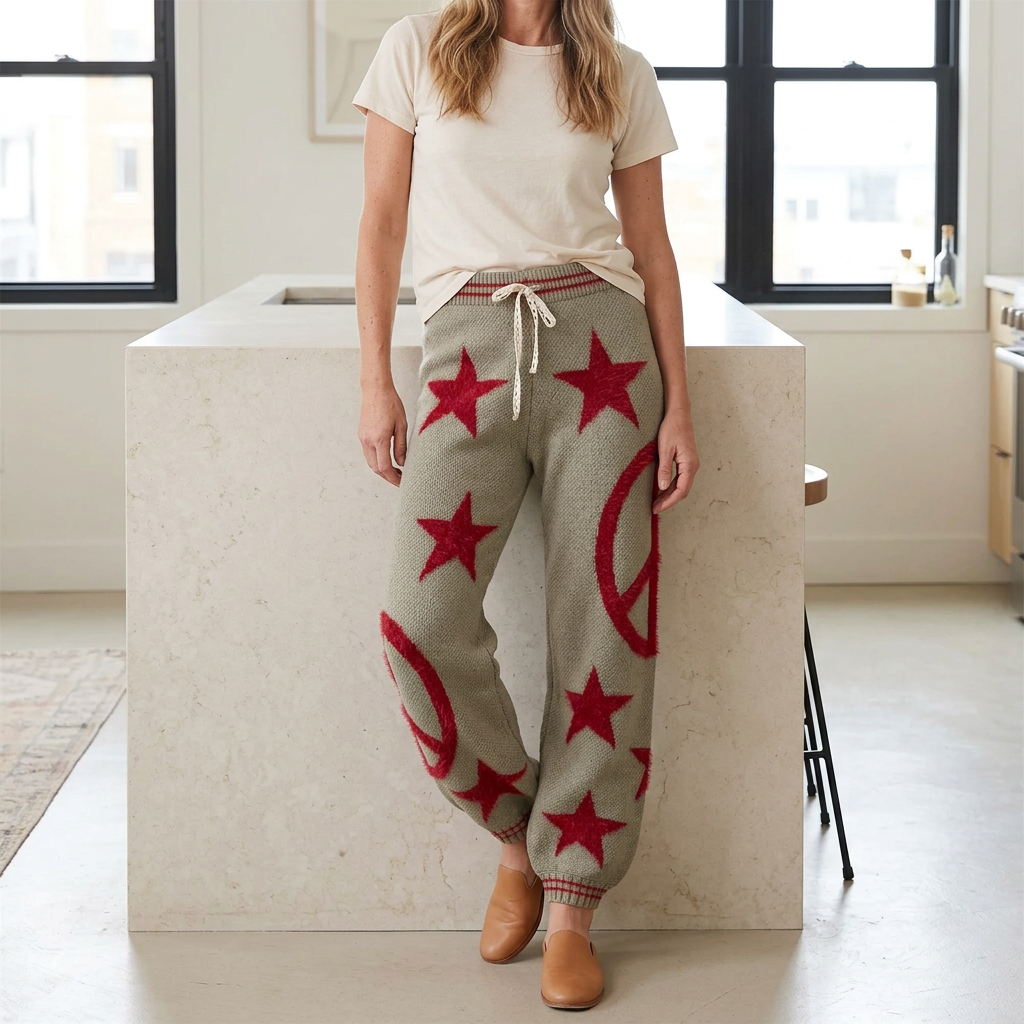 Olive knit joggers with red motifs, worn with a cream tee while leaning against a kitchen island.