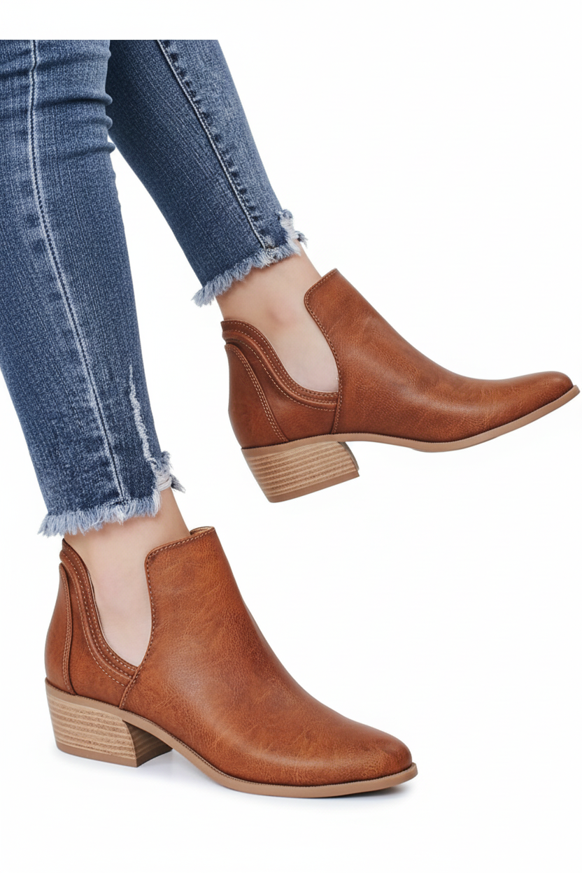 Women's Cognac Side Cutout Ankle Booties - Side View