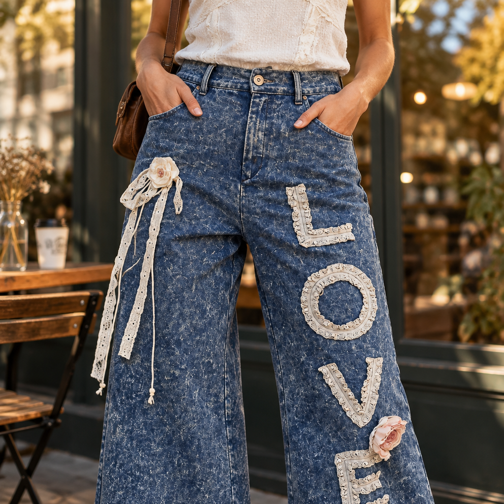 POL Clothing indigo wide-leg pants waist, lace tie and LOVE appliqué at a café