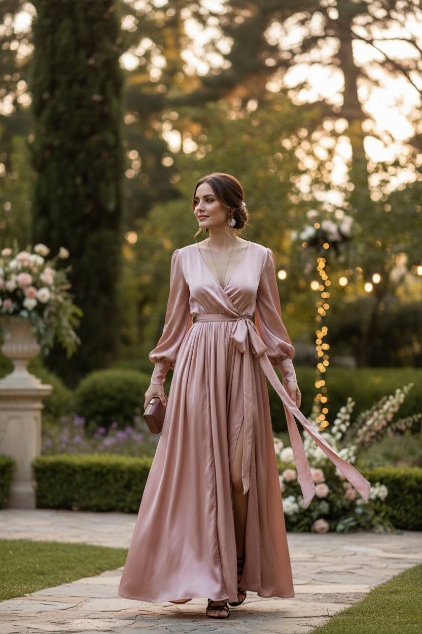 Woman wearing champagne satin wrap dress at wedding reception in garden