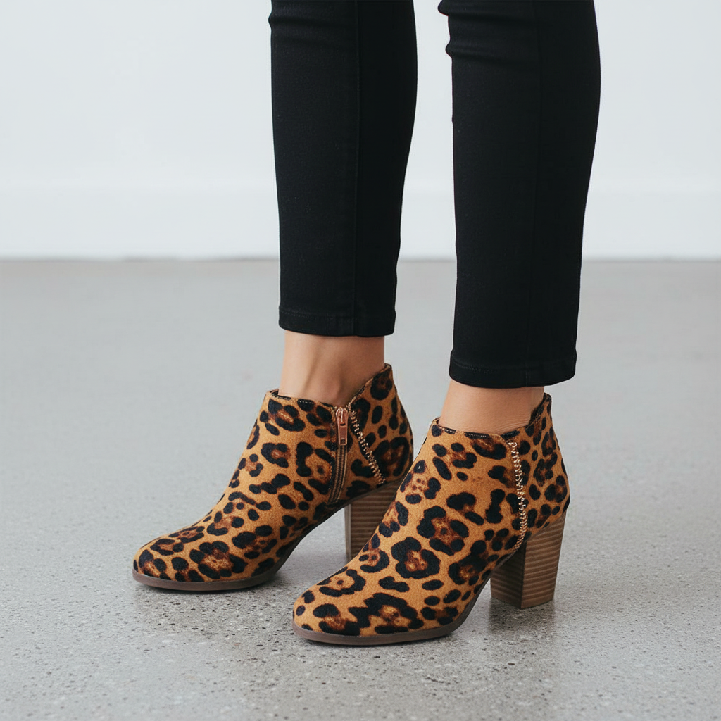 Women's leopard print suede ankle bootie lifestyle shot step forward pose on concrete surface stacked block heel gold cross-stitch detail - BellanBlue