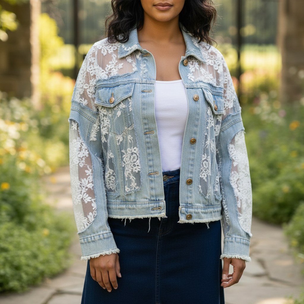 Close-up of women's light blue denim jacket sheer white floral lace embroidery sleeve and shoulder panel detail frayed hem