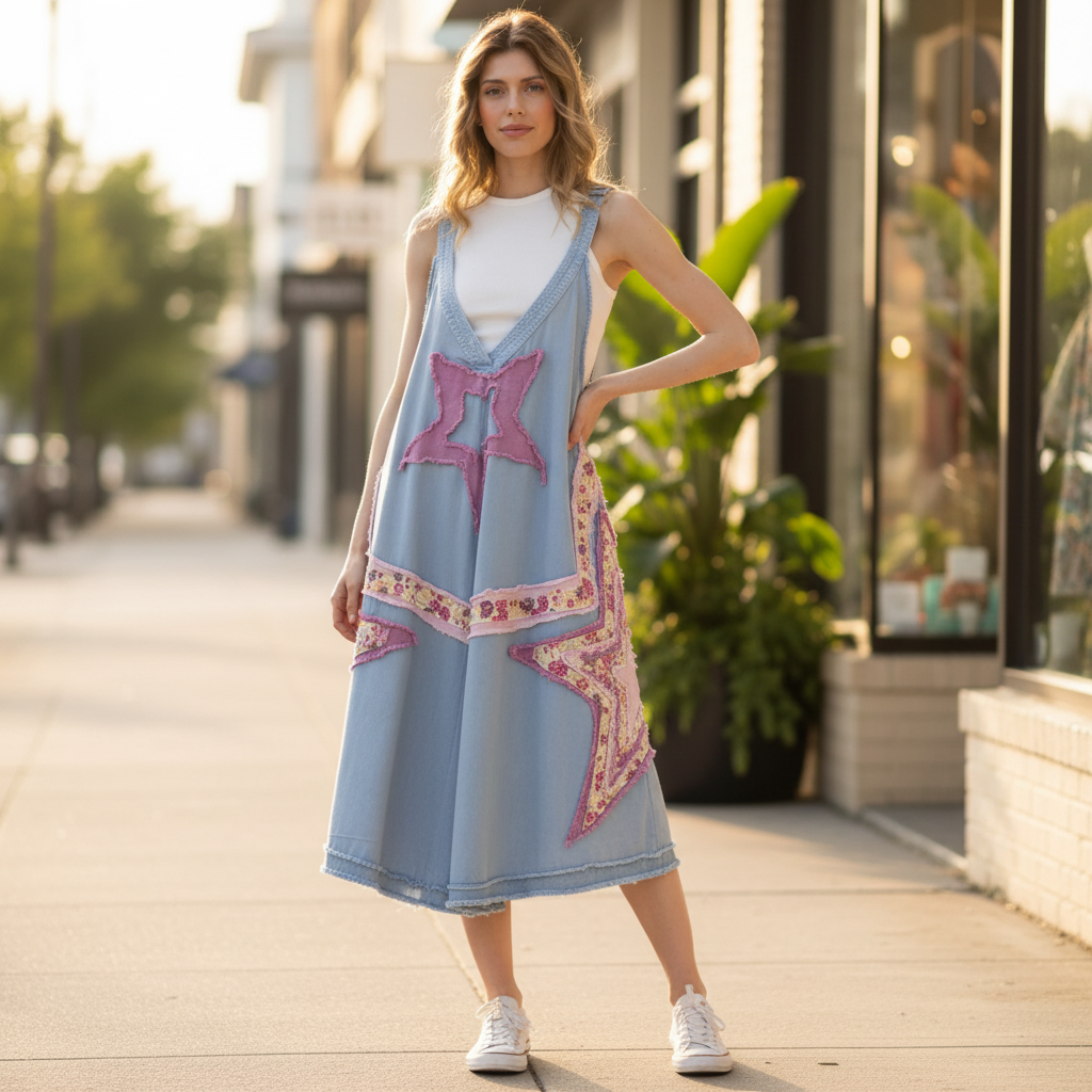Bluevelvet women's light blue star patch floral patchwork wide-leg midi jumpsuit on boutique sidewalk - BellanBlue