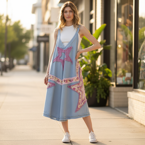 Bluevelvet women's light blue star patch floral patchwork wide-leg midi jumpsuit on boutique sidewalk - BellanBlue