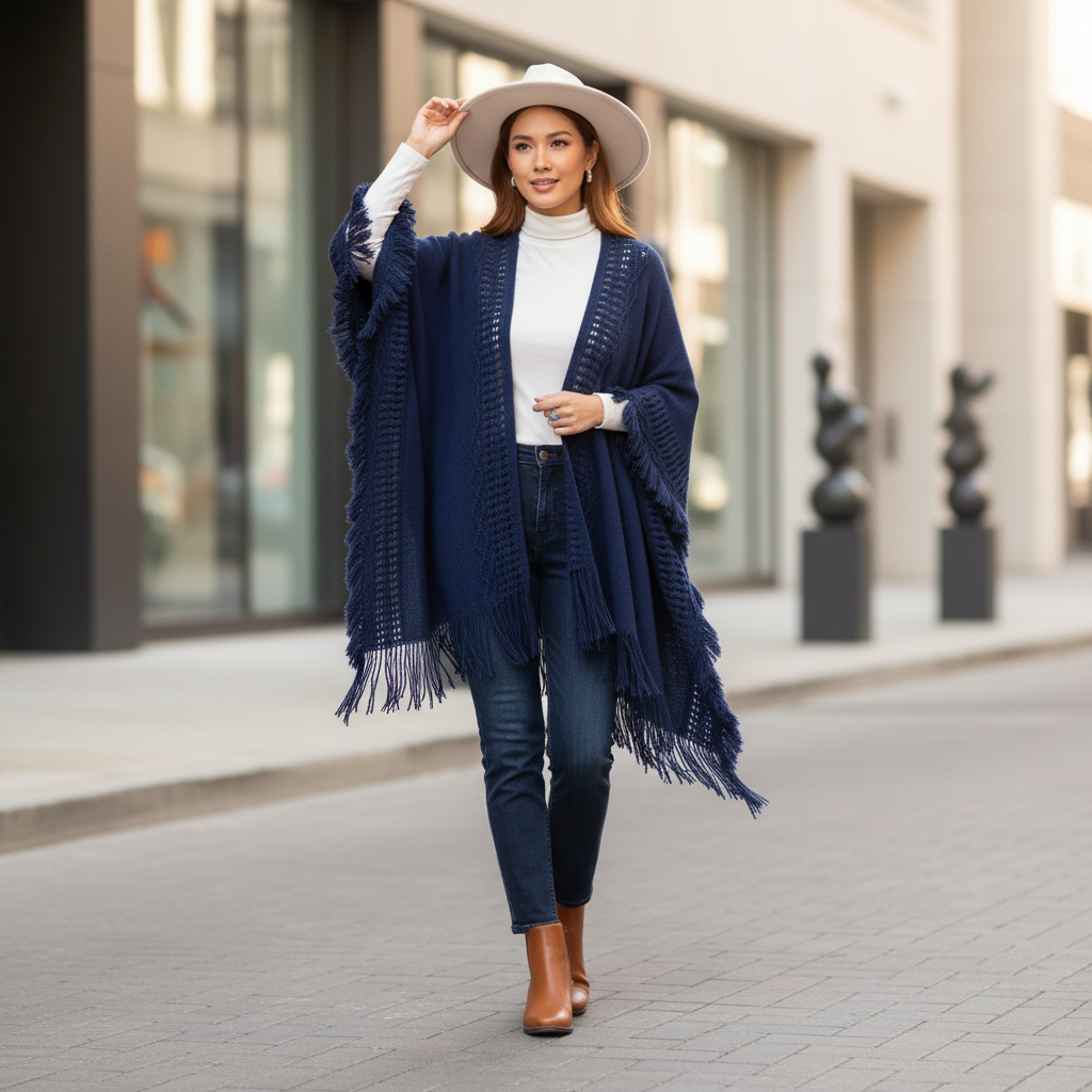Women's navy open-knit ruana wrap with fringe trim, styled with denim, floor-length oversized drape