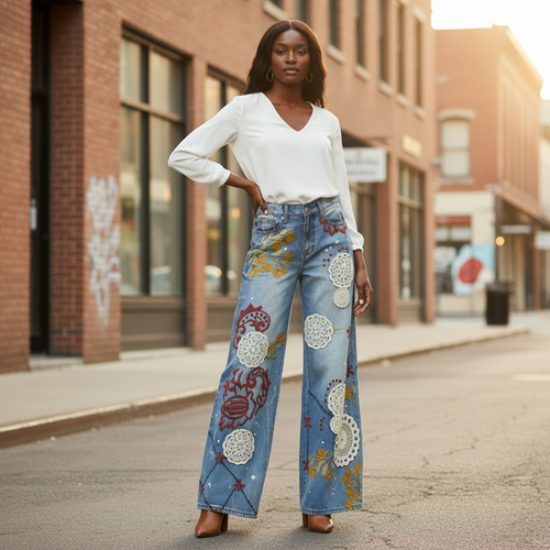 A woman stands on a city street wearing light blue wide-leg jeans with colorful embroidered and applique details, paired with a white long-sleeve blouse and brown heels.