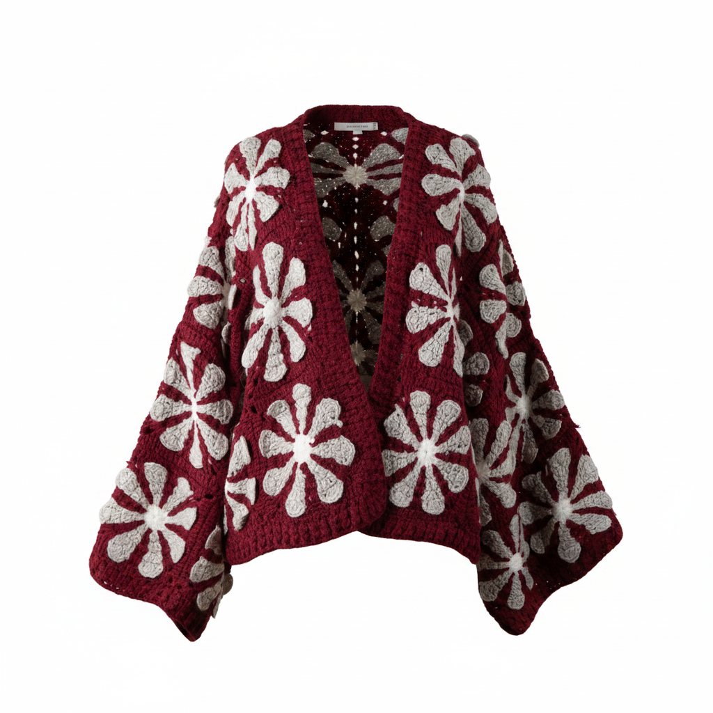 Women's burgundy crochet cardigan with white daisy floral motifs oversized balloon sleeves open front - BellanBlue