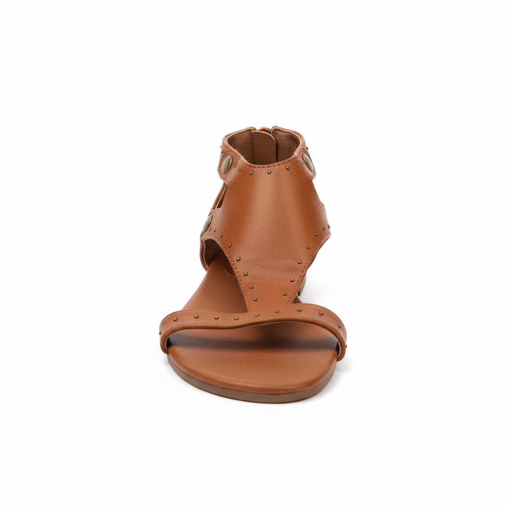Women's tan leather gladiator sandals with studded details and gold snap closures - front view
