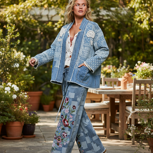 Women's denim bandana patchwork quilted jacket with floral lace patches, walking pose, garden brunch outfit